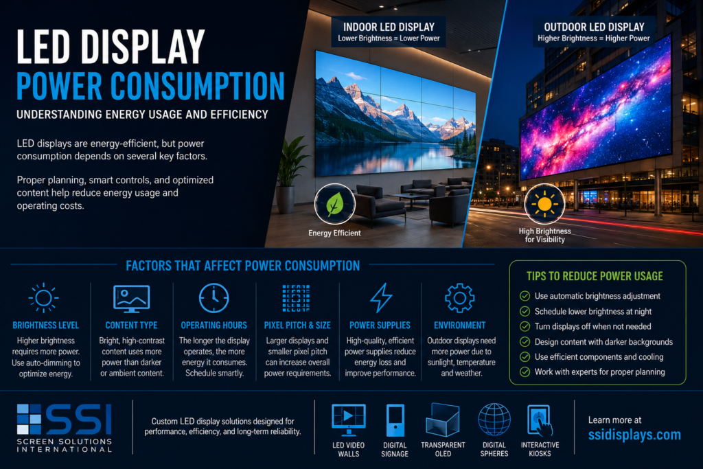 LED Display Power Consumption: What Businesses Need to Know

Power consumption is a critical consideration when planning an LED display, especially for large installations, outdoor environments, retail spaces, museums, corporate lobbies, and public venues. Although LED displays are energy-efficient compared to many older display technologies, total power usage still depends on several important factors.

As a result, businesses should understand how LED display power consumption works before selecting a system. With the right planning, organizations can reduce operating costs, avoid electrical issues, and ensure long-term display performance.

Why LED Display Power Consumption Matters

LED displays are often used for high-impact visual communication. However, larger displays require more power than smaller screens. Additionally, outdoor LED displays usually consume more electricity because they must operate at higher brightness levels.

Power consumption affects:

Electrical planning
Installation requirements
Operating costs
Heat management
Long-term performance
System reliability

Therefore, understanding power usage early in the design process helps prevent costly issues later. In addition, it allows businesses to budget more accurately for both installation and long-term operation.

What Affects LED Display Power Usage?

Several factors influence how much power an LED display uses. Although size is important, it is not the only factor.

The most important variables include:

Display size
Pixel pitch
Brightness level
Indoor or outdoor use
Content type
Operating hours
Power supply efficiency
Environmental conditions

Because each project is different, power requirements should be reviewed based on the specific display design and installation environment. Moreover, reviewing these details early helps ensure the display performs properly without creating unnecessary electrical strain.

Brightness Is the Biggest Factor

Brightness is one of the largest contributors to LED display power consumption.

Displays running at maximum brightness consume significantly more power than displays operating in controlled indoor lighting. For example, an indoor LED video wall in a corporate lobby may run at a much lower brightness level than an outdoor LED billboard exposed to direct sunlight.

As a result, outdoor LED displays typically require higher brightness to remain visible during the day. Consequently, they may require more electrical capacity than indoor LED displays of a similar size.

Indoor vs Outdoor LED Display Power Consumption

Indoor and outdoor LED displays have different power requirements. Therefore, the installation environment plays a major role in system planning.

Indoor LED Displays

Indoor LED displays usually operate in controlled lighting conditions. Because of this, they can often run at lower brightness levels while still delivering excellent image quality.

Common indoor applications include:

Corporate lobbies
Retail stores
Museums
Universities
Trade show exhibits
Houses of worship
Command centers

Since indoor displays do not need to compete with sunlight, they are often easier to optimize for power efficiency. As a result, indoor systems may require less electrical capacity than similarly sized outdoor systems.

Outdoor LED Displays

Outdoor LED displays require higher brightness, weather protection, and stronger environmental performance. Therefore, they often consume more power than indoor displays.

Common outdoor applications include:

Stadiums
Outdoor advertising
Building signage
Transportation hubs
Public plazas
Entertainment venues

Because outdoor displays may operate in sunlight, heat, cold, rain, or dust, proper electrical and thermal planning becomes even more important. Additionally, outdoor systems should be designed with reliable power distribution and environmental protection in mind.

Content Type Also Affects Power Usage

Content plays a major role in LED display power consumption.

Bright, high-contrast visuals generally use more power than darker or ambient content. For example, a full white screen will typically consume more energy than content with darker backgrounds and balanced motion graphics.

Therefore, content strategy can directly impact operating costs. In many cases, small creative changes can reduce energy usage without weakening the visual message.

Power-conscious content design may include:

Darker backgrounds
Balanced contrast
Reduced full-white scenes
Scheduled brightness adjustments
Motion graphics optimized for visibility
Lower brightness content during evening hours

As a result, businesses can reduce energy use without sacrificing visual impact. Furthermore, optimized content can help extend the life of the display system.

Operating Hours and Scheduling

The number of hours a display operates each day also affects total energy cost.

A display running 24/7 will naturally consume more electricity than a display operating only during business hours. However, modern LED control systems often allow organizations to schedule brightness levels and operating times.

For example, a display may run at higher brightness during the day and automatically reduce brightness at night. Additionally, displays can be scheduled to turn off during closed hours.

As a result, scheduling helps reduce unnecessary energy usage while extending the life of the display system. Moreover, it gives businesses better control over operating costs.

Power Supplies and System Efficiency

Efficient power supplies help reduce wasted energy.

High-quality LED display systems are designed to deliver stable power while minimizing unnecessary electrical loss. In addition, proper cabinet design, ventilation, and thermal management help maintain efficient performance.

Poorly planned systems may consume more energy, generate more heat, and require more maintenance over time. Therefore, choosing the right display partner matters. With better planning, businesses can reduce performance issues and improve system reliability.

Electrical Planning for LED Displays

Before installing an LED display, electrical requirements should be reviewed carefully.

Important planning considerations include:

Total display size
Maximum power draw
Average power consumption
Circuit requirements
Voltage requirements
Cable routing
Heat management
Backup power needs
Local code requirements

Because LED displays can vary widely in power demand, businesses should avoid guessing. Instead, the electrical plan should be based on the actual display specifications.

Additionally, early coordination with electricians, installers, and display providers helps prevent delays during installation.

Average Power vs Maximum Power

When reviewing LED display specifications, it is important to understand the difference between average power and maximum power.

Maximum power refers to the highest possible power draw, often based on the display running bright content at high output. Average power, however, is usually a more realistic estimate of normal operation.

Even so, electrical infrastructure must still be planned safely. Therefore, installers and electricians often use maximum power figures when determining circuit requirements.

How to Reduce LED Display Power Consumption

Businesses can reduce LED display power usage through smart planning and system control.

Common strategies include:

Use automatic brightness adjustment
Schedule lower brightness during evening hours
Turn displays off when not needed
Use efficient power supplies
Choose the correct pixel pitch
Avoid excessive brightness settings
Optimize content design
Maintain proper ventilation

Together, these steps can lower operating costs while supporting long-term system reliability. In addition, they help businesses get the best performance from their display investment.

Custom LED Systems from Screen Solutions International

Screen Solutions International provides custom LED display solutions for commercial, educational, entertainment, museum, retail, and corporate environments.

Through ssidisplays.com, businesses can explore advanced display technologies including:

LED video walls
Digital spheres
Transparent OLED displays
Interactive kiosks
Projection systems
LED floors
Custom immersive display solutions

Additionally, SSI helps clients evaluate the full display environment, including brightness requirements, viewing distance, installation conditions, and power planning. As a result, each system can be designed for strong visual performance without unnecessary energy waste.

Final Takeaway

LED display power consumption depends on display size, brightness, content, operating hours, and system efficiency. Although LED technology is highly effective for modern visual communication, every installation should be planned carefully.

With proper electrical planning, efficient components, intelligent brightness control, and optimized content, businesses can reduce operating costs while maintaining impressive visual impact.

Ultimately, organizations planning a new LED video wall, digital signage system, or custom immersive display should consider power consumption early in the process. Screen Solutions International can help design a solution that balances performance, reliability, and energy efficiency.