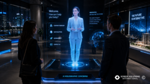 AI holographic human display interacting with visitors inside a futuristic corporate technology showroom