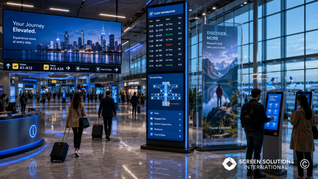 Digital signage displays and interactive wayfinding screens inside a modern airport terminal helping travelers navigate and access information