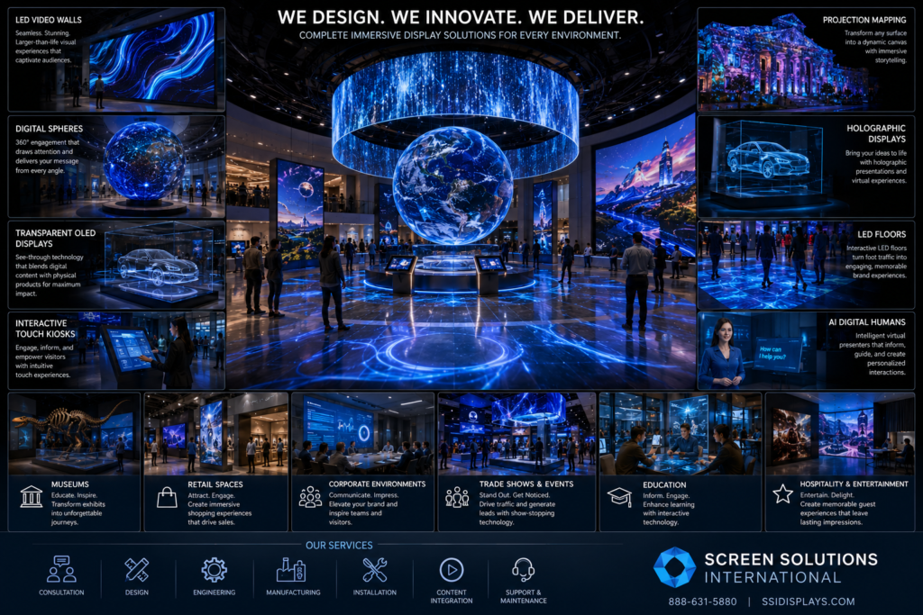 Immersive display technology experience center featuring digital spheres, LED video walls, transparent OLED displays, holographic AI guides, and interactive exhibits