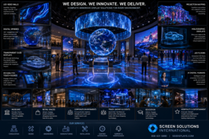 Immersive display technology experience center featuring digital spheres, LED video walls, transparent OLED displays, holographic AI guides, and interactive exhibits