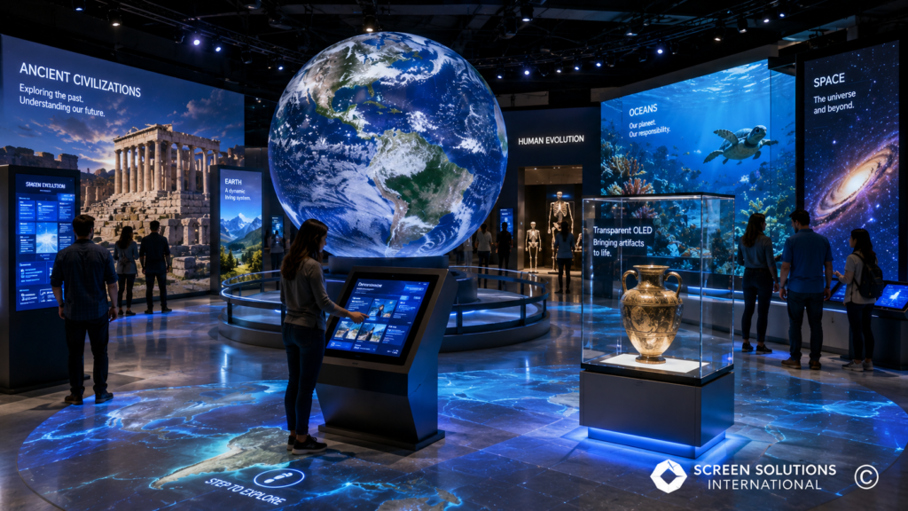 Immersive museum exhibit featuring a digital sphere, interactive displays, projection mapping, and transparent OLED technology for educational experiences