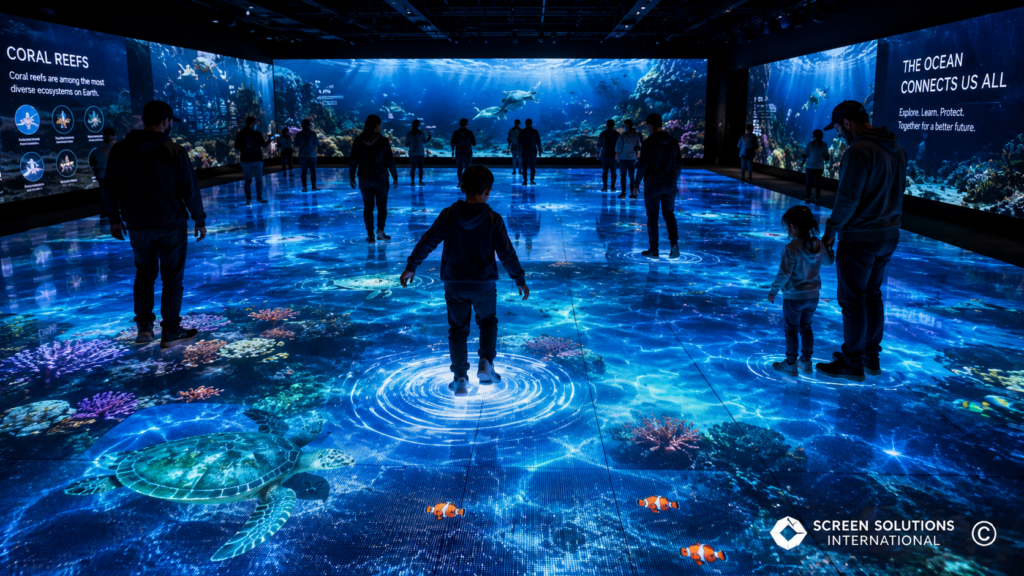 Interactive LED floor display inside a museum featuring immersive ocean graphics and visitor engagement technology