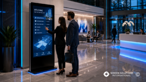Interactive touch kiosk displaying wayfinding and visitor information inside a modern corporate lobby