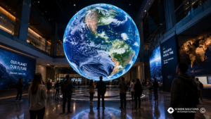 Large LED sphere display showing Earth content inside a modern museum exhibit