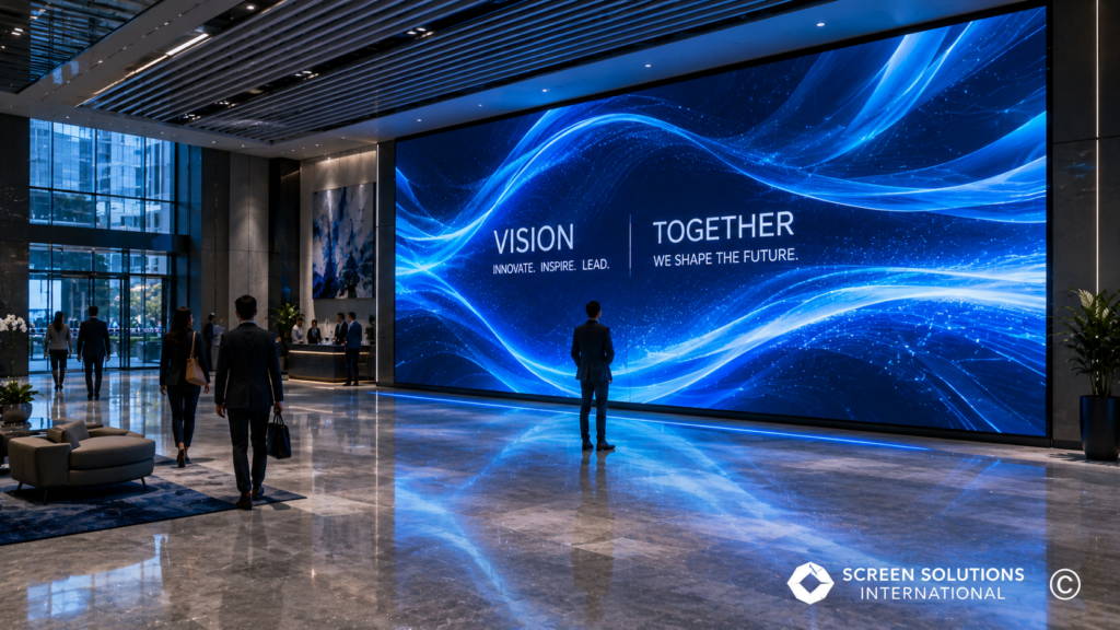 Large fine-pitch LED video wall displaying blue motion graphics inside a modern corporate headquarters lobby