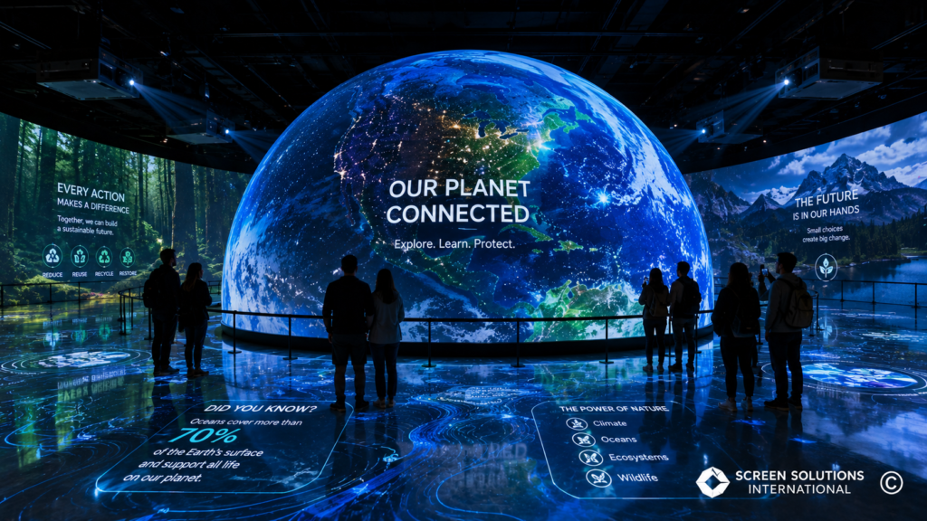 Projection mapping dome exhibit with Earth visualization, immersive museum technology, interactive floor projections, and educational digital storytelling experience.