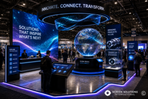 Technology-focused trade show booth featuring a digital sphere, transparent OLED display