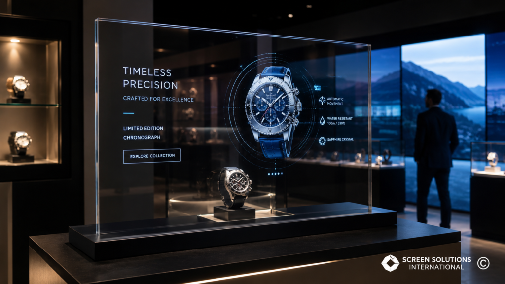 Transparent OLED display showcasing luxury products in a high-end retail showroom