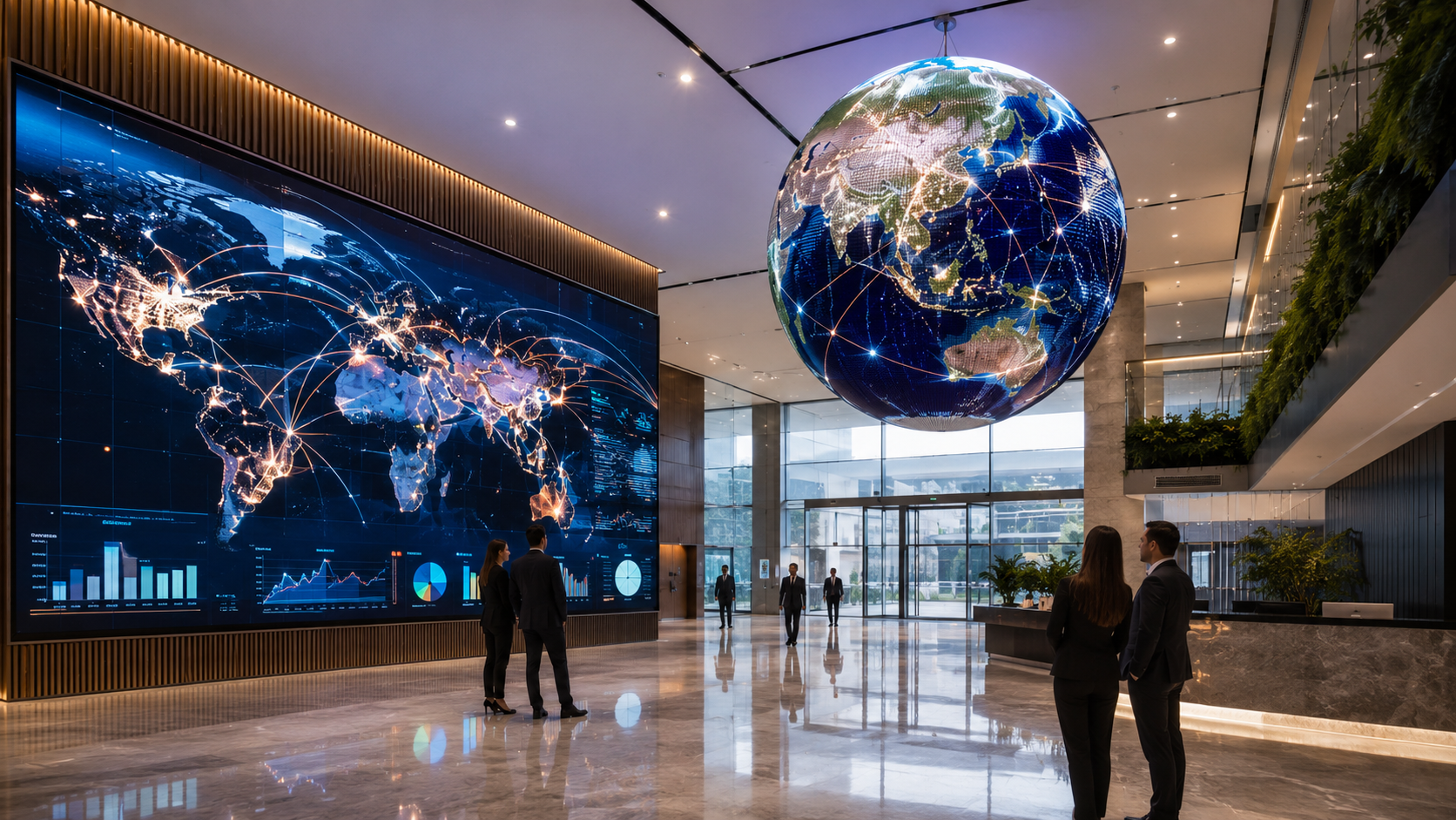 Corporate lobby featuring LED video wall and suspended digital sphere displaying global location data