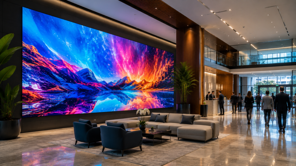 Indoor LED display wall installed in a modern corporate lobby with bright digital content