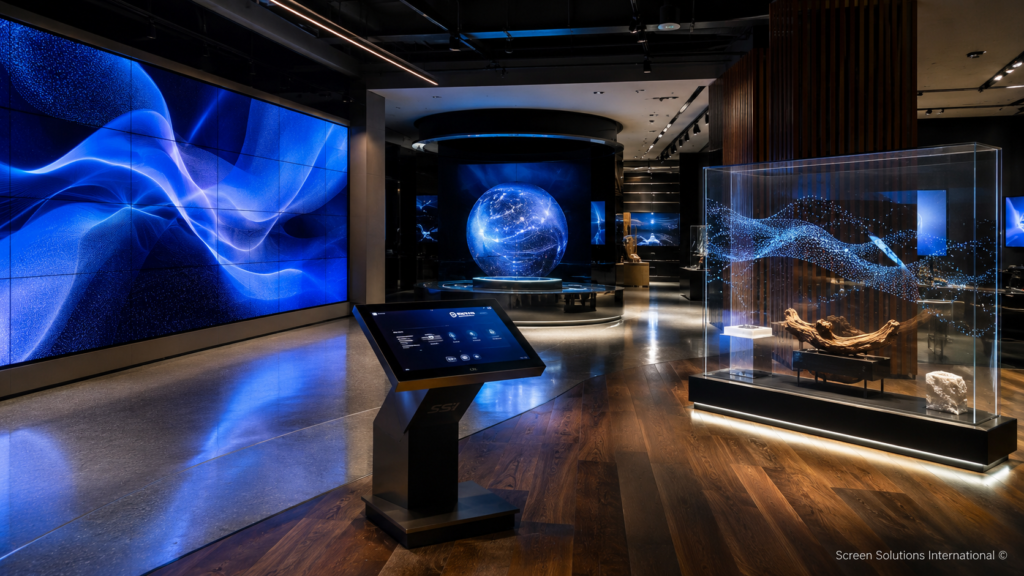 Interactive Display Solutions by Screen Solutions International featuring LED walls, transparent OLED displays, touch kiosks, and digital spheres in a modern commercial space.