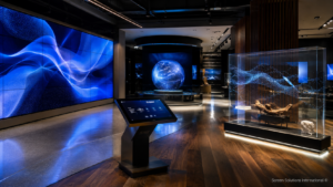 Interactive Display Solutions by Screen Solutions International featuring LED walls, transparent OLED displays, touch kiosks, and digital spheres in a modern commercial space.