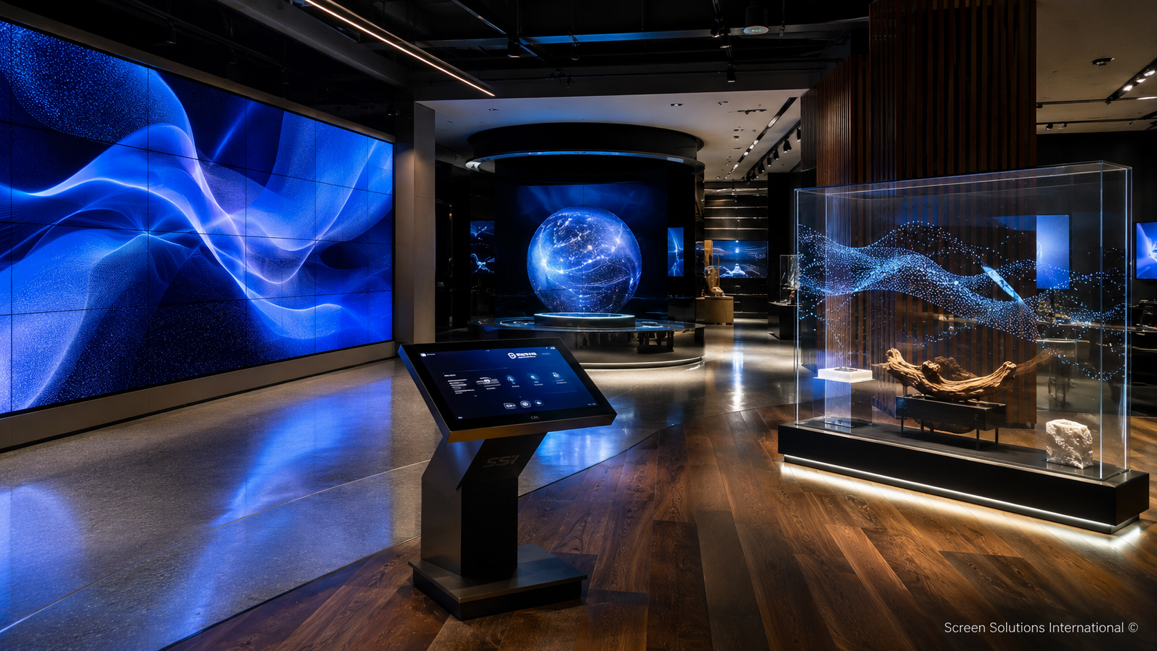 Interactive Display Solutions by Screen Solutions International featuring LED walls, transparent OLED displays, touch kiosks, and digital spheres in a modern commercial space.