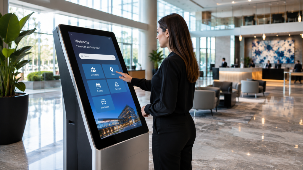 Interactive touch screen kiosk being used inside a modern corporate or public environment