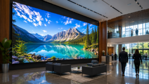 Large LED video wall installed in a modern corporate lobby displaying dynamic digital content