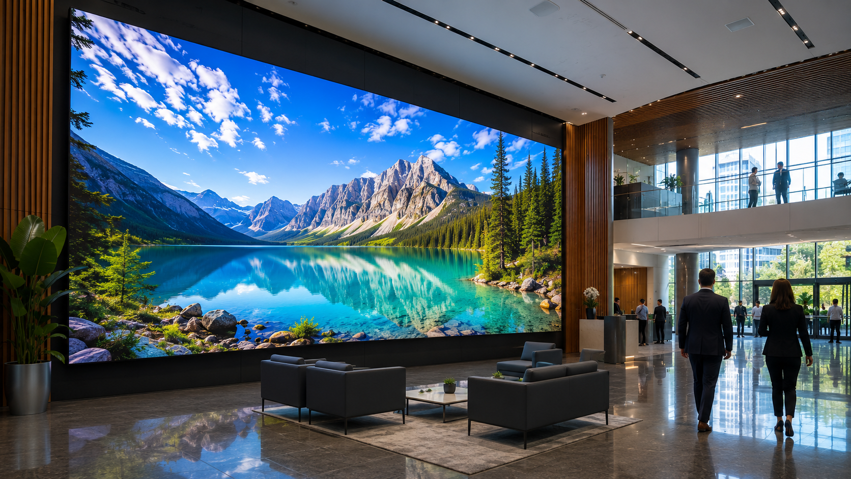Large LED video wall installed in a modern corporate lobby displaying dynamic digital content
