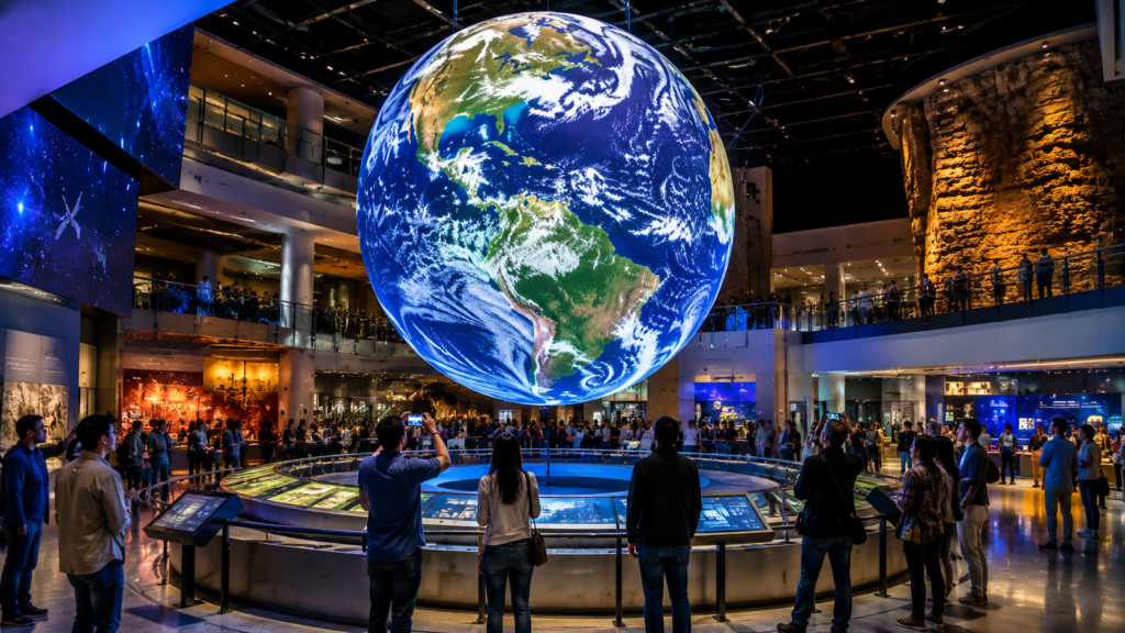 Large digital sphere display showing Earth visualization inside a modern museum environment