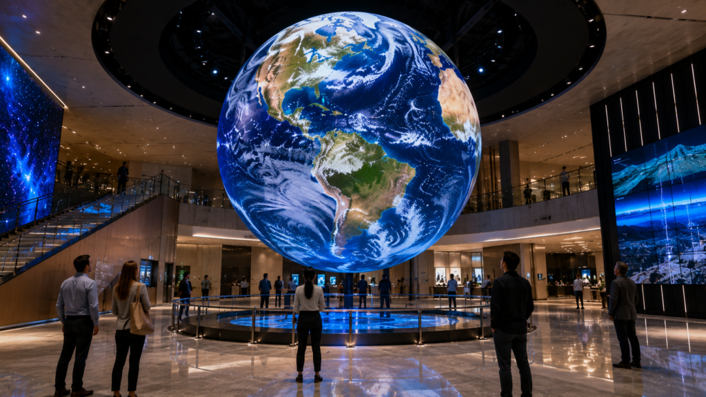 Large digital sphere displaying Earth visualization inside a modern public space