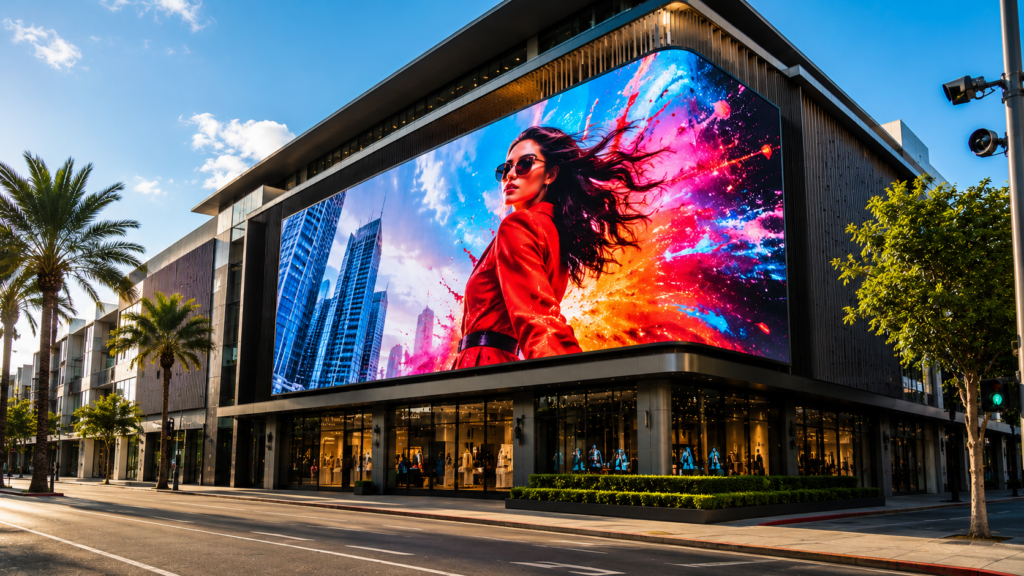 Large outdoor LED display mounted on a commercial building showing dynamic advertising content
