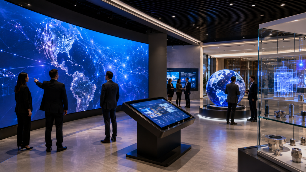 Modern corporate experience center featuring immersive digital display technologies