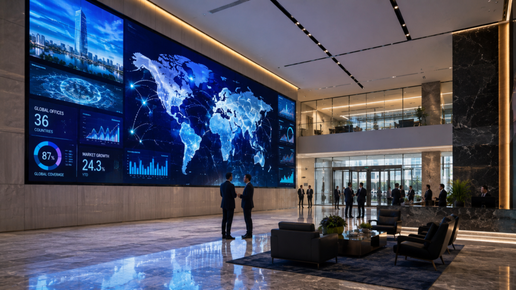 Modern corporate headquarters lobby featuring large LED video wall displaying business data