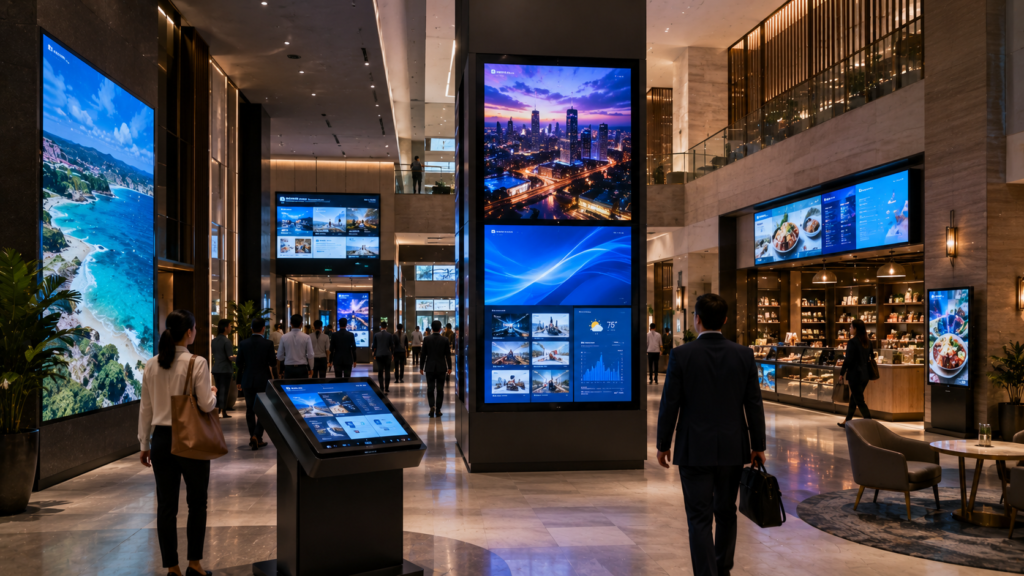 Modern digital signage network displaying business communications in a commercial environment