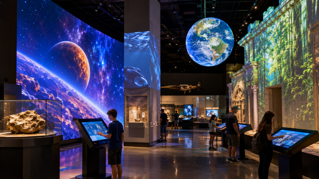 Modern museum exhibit featuring immersive digital technology and interactive visitor experiences