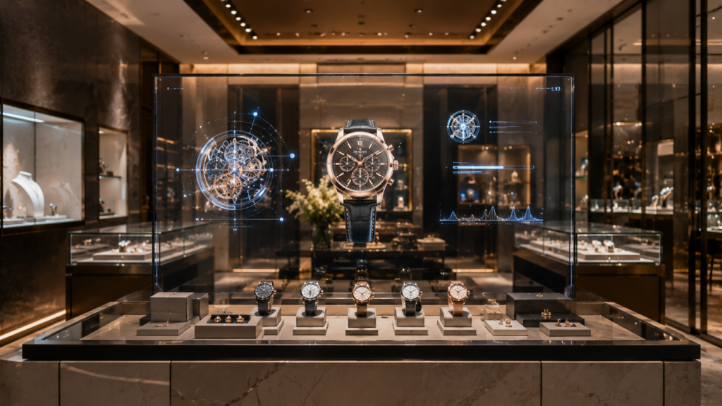 Transparent OLED display showcasing luxury retail products with floating digital content
