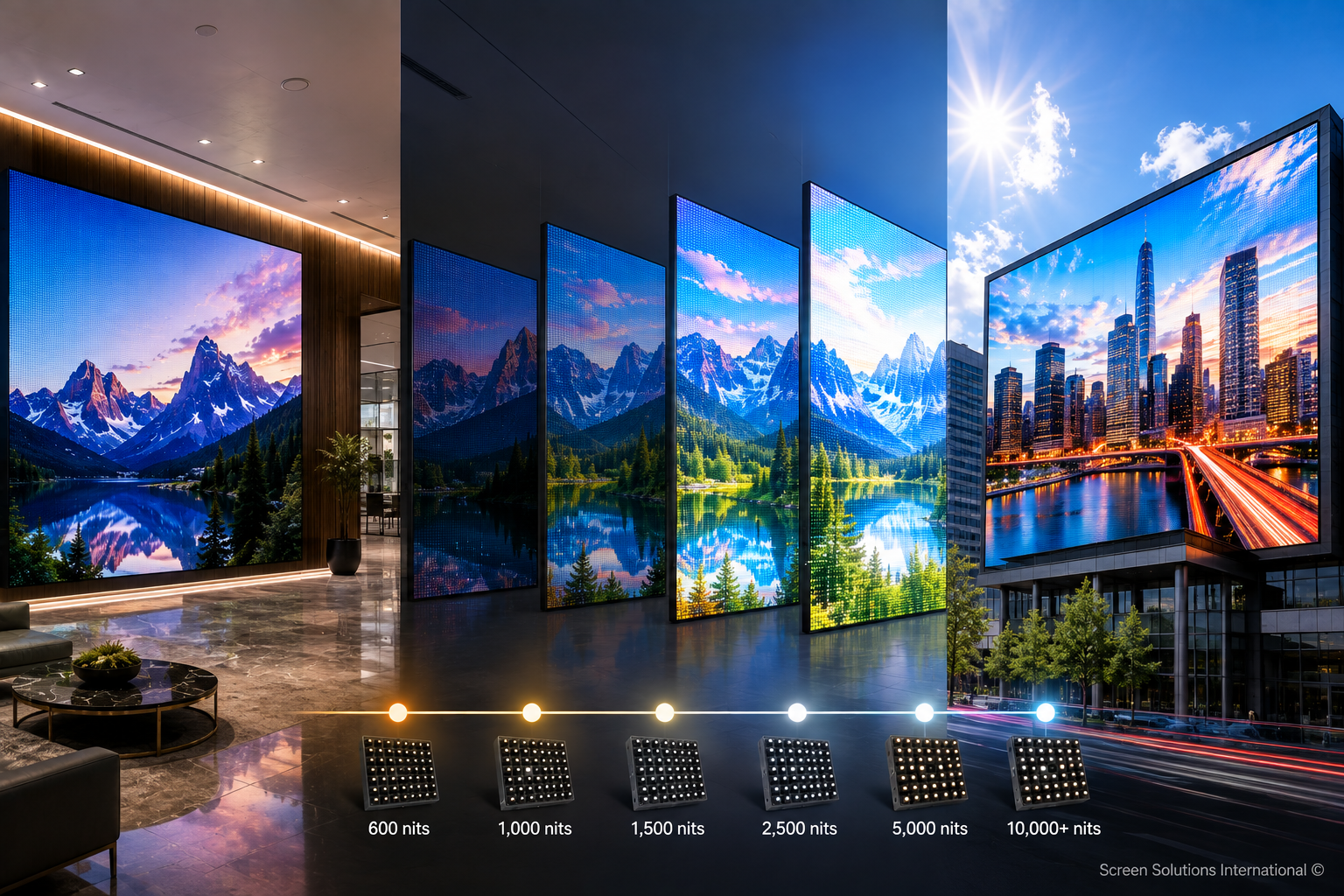 Commercial LED display brightness comparison showing indoor and outdoor LED displays with different nit levels.