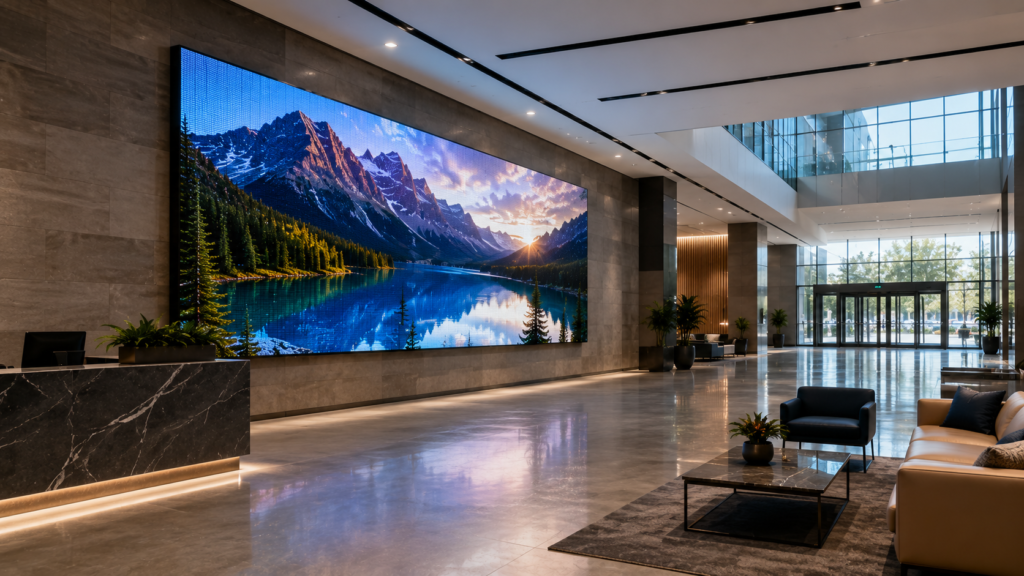 Commercial LED video wall demonstrating viewing distance and fine pixel pitch in a modern corporate lobby.