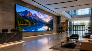 Commercial LED video wall demonstrating viewing distance and fine pixel pitch in a modern corporate lobby.
