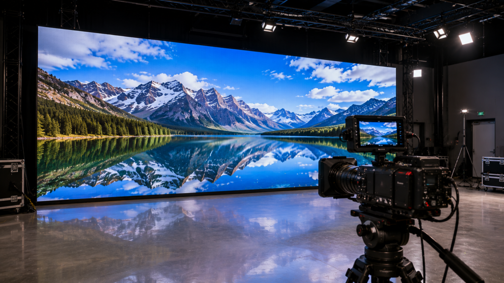 Commercial fine-pitch LED video wall operating in a professional production environment with a cinema camera positioned in front.