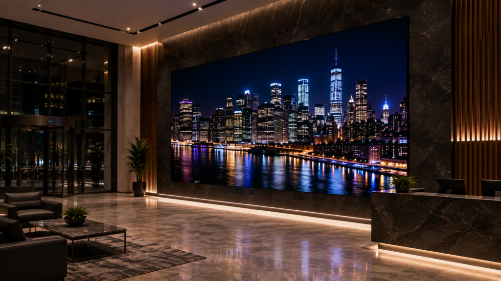 Fine-pitch commercial LED video wall displaying a nighttime cityscape with deep blacks, bright highlights, and rich contrast.