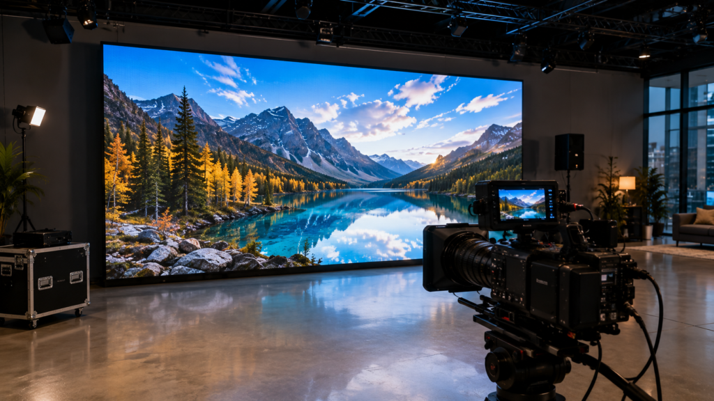 High-refresh-rate LED video wall photographed with a professional cinema camera in a modern commercial studio.