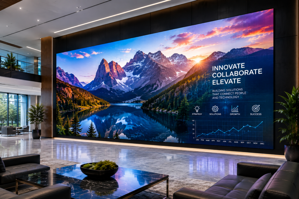 Large seamless LED video wall installed in a modern corporate headquarters showcasing vibrant digital content.