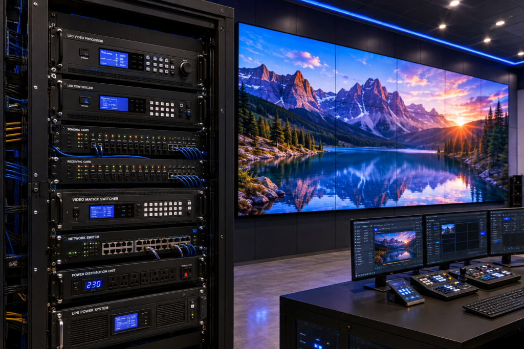 Modern commercial LED video wall being serviced with modular LED panels demonstrating long-term maintenance and reliability.