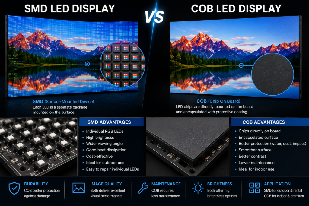Side-by-side comparison of COB and SMD LED video wall technologies in a modern commercial showroom.