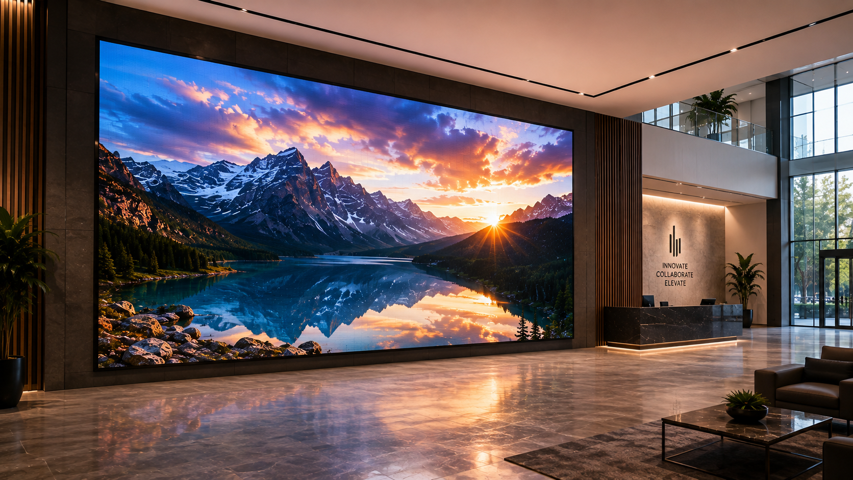Fine-pitch commercial LED video wall displaying a detailed landscape with smooth color gradients and deep shadow detail.