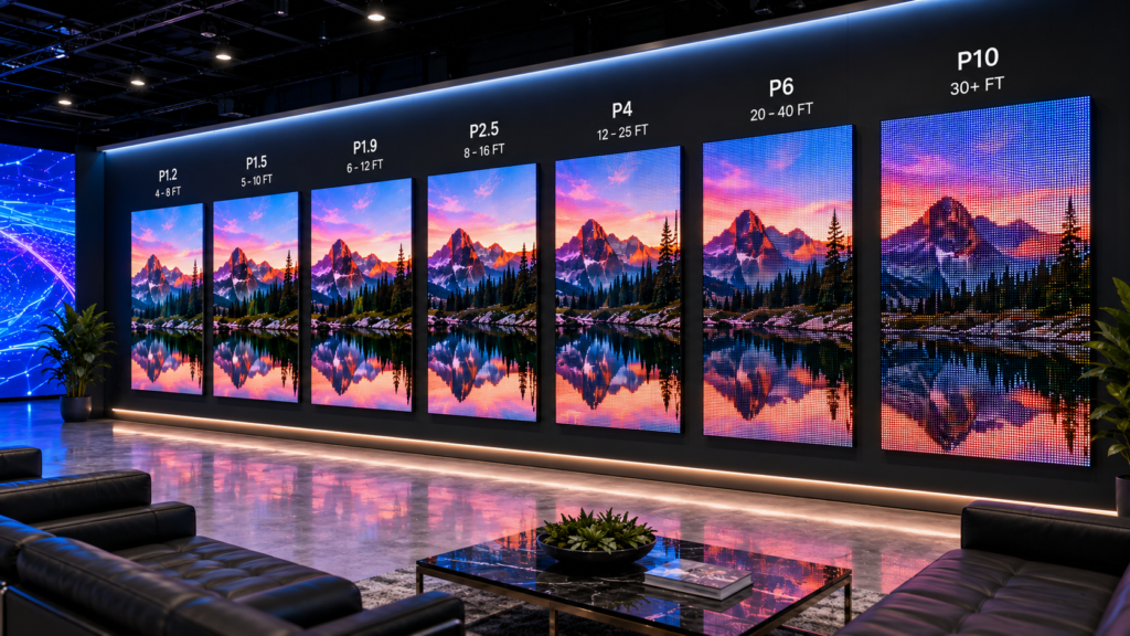 Comparison of fine-pitch LED video walls showing different pixel pitch options in a modern corporate environment